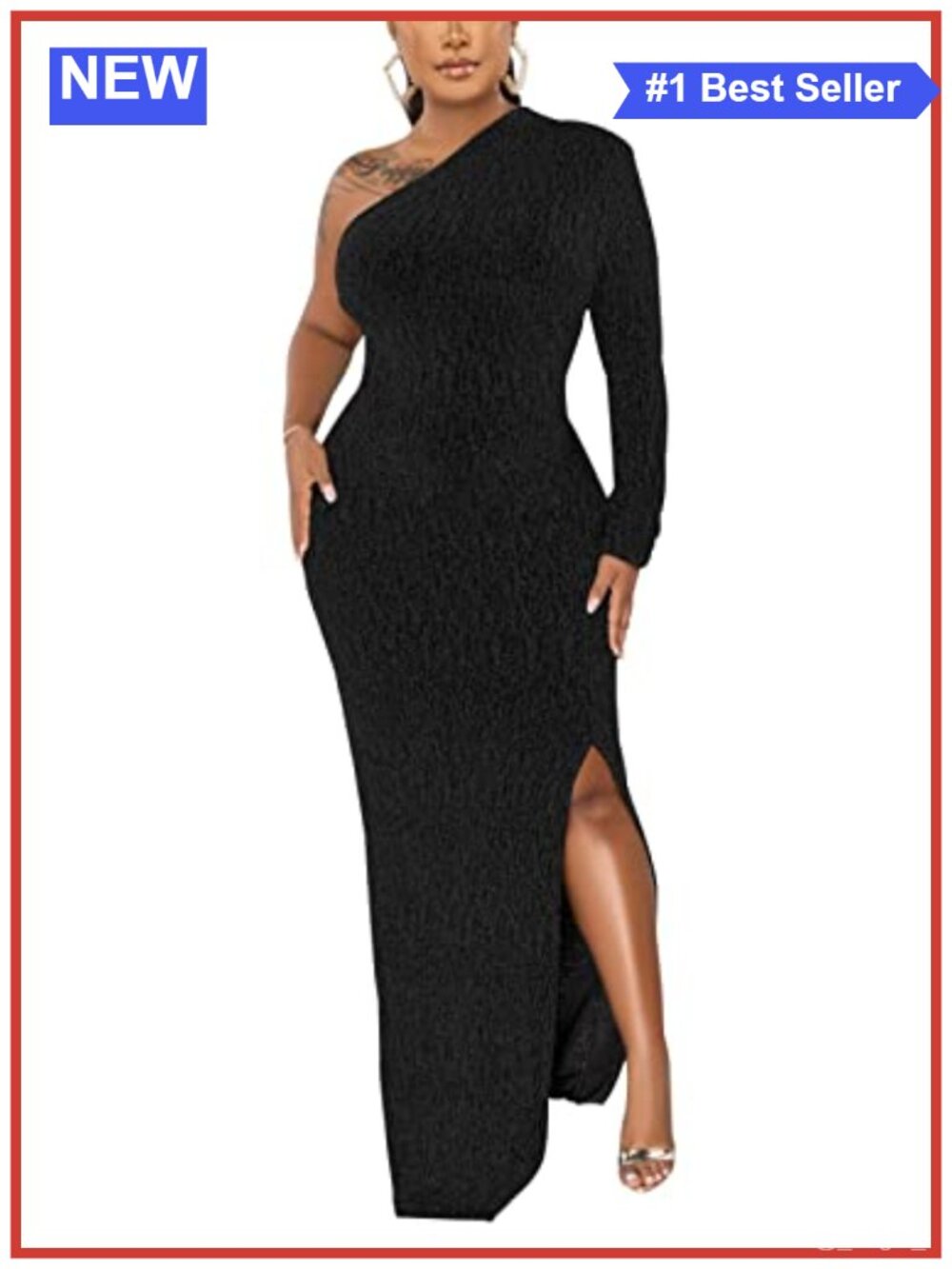 Women's Long Sleeve One Shoulder High Split Sequin Evening Gown Mermaid Formal
